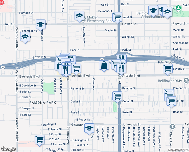 map of restaurants, bars, coffee shops, grocery stores, and more near 8628 Artesia Boulevard in Bellflower