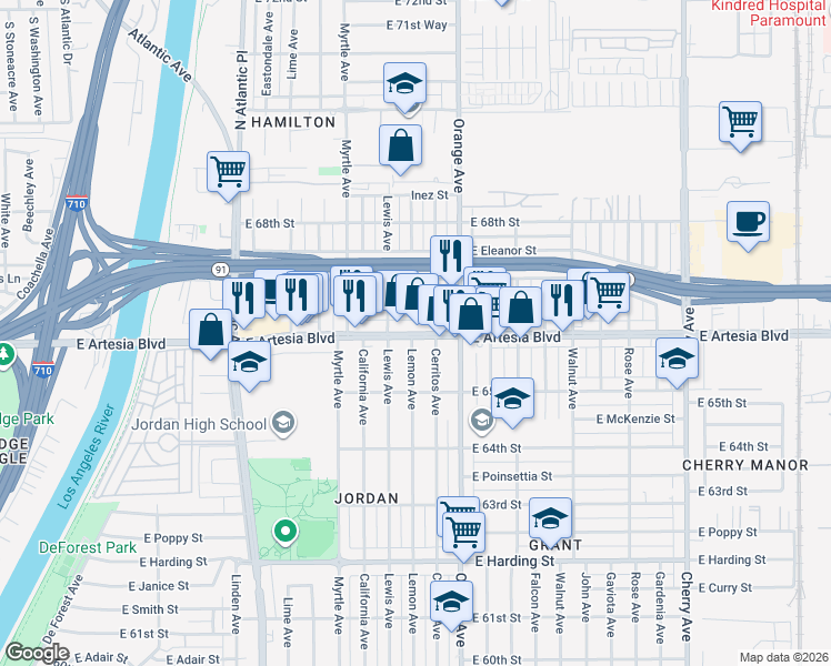 map of restaurants, bars, coffee shops, grocery stores, and more near 1106 East Artesia Boulevard in Long Beach