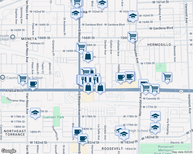 map of restaurants, bars, coffee shops, grocery stores, and more near 1957 Orchid Way in Gardena