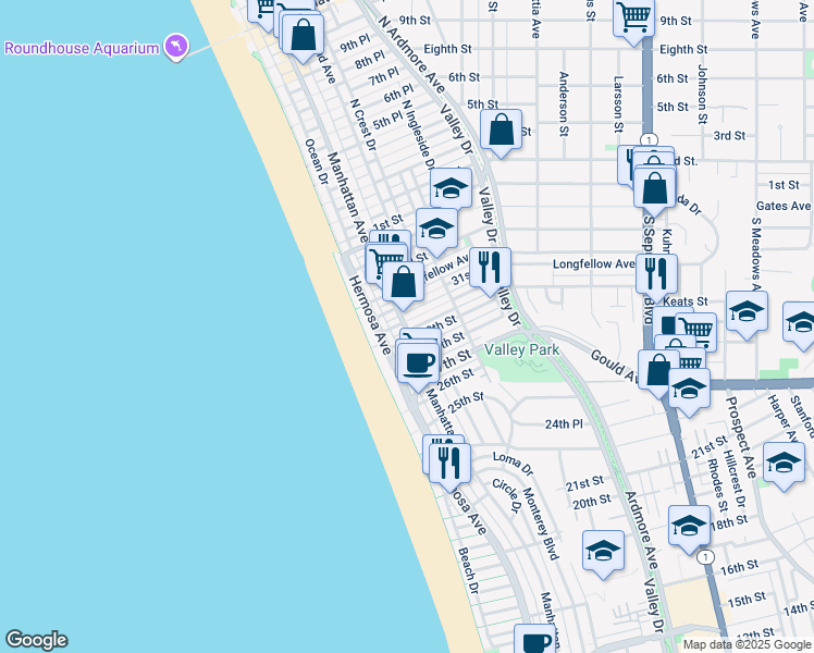 map of restaurants, bars, coffee shops, grocery stores, and more near 14 30th Place in Hermosa Beach
