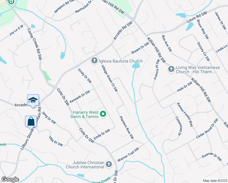 map of restaurants, bars, coffee shops, grocery stores, and more near 461 Village Green Court Southwest in Lilburn