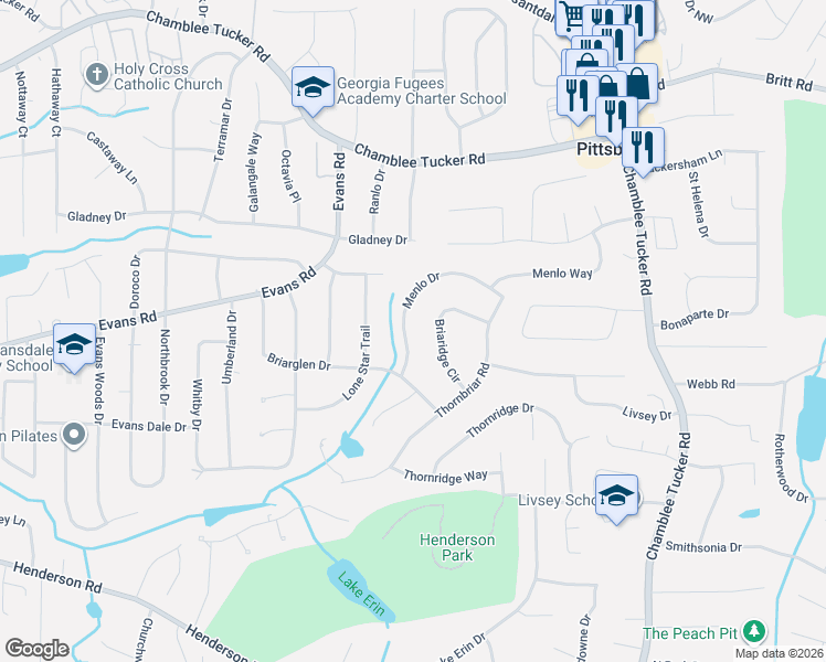 map of restaurants, bars, coffee shops, grocery stores, and more near 3954 Briaridge Circle in Doraville