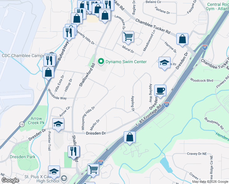 map of restaurants, bars, coffee shops, grocery stores, and more near 2985 Whispering Hills Drive in Chamblee