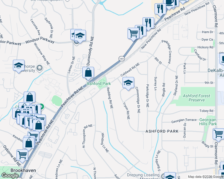 map of restaurants, bars, coffee shops, grocery stores, and more near 1505 Tryon Road Northeast in Atlanta