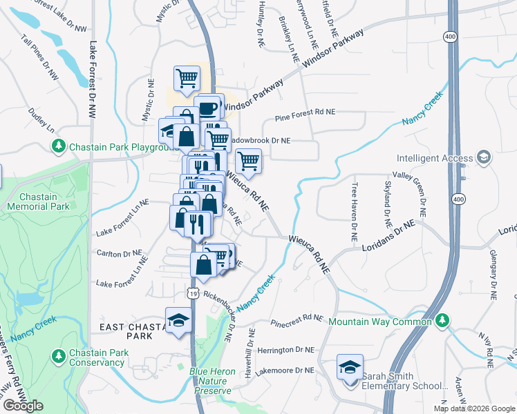 map of restaurants, bars, coffee shops, grocery stores, and more near 340 West Wieuca Road Northeast in Atlanta