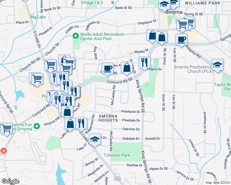 map of restaurants, bars, coffee shops, grocery stores, and more near 3229 McCauley Road in Smyrna