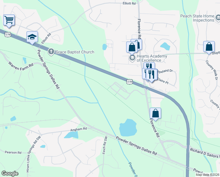 map of restaurants, bars, coffee shops, grocery stores, and more near 3401 Thornbridge Drive in Powder Springs