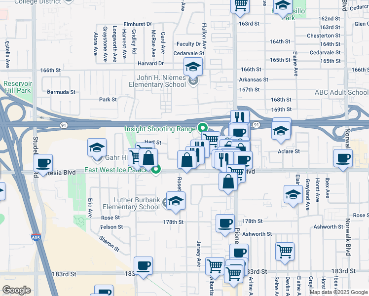 map of restaurants, bars, coffee shops, grocery stores, and more near 17211 Roseton Avenue in Artesia