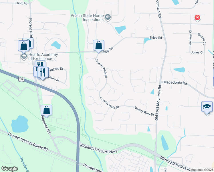 map of restaurants, bars, coffee shops, grocery stores, and more near 3250 Woodcliff Way in Powder Springs