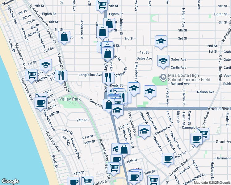 map of restaurants, bars, coffee shops, grocery stores, and more near 1140 Shelley Street in Manhattan Beach