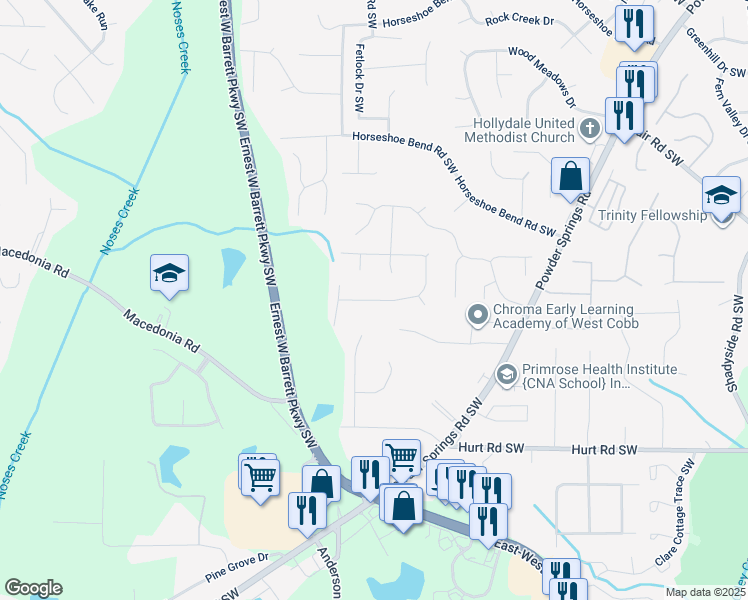 map of restaurants, bars, coffee shops, grocery stores, and more near 2642 Foxglove Dr in Marietta