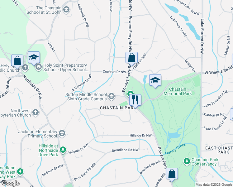 map of restaurants, bars, coffee shops, grocery stores, and more near 4339 Jett Road in Atlanta