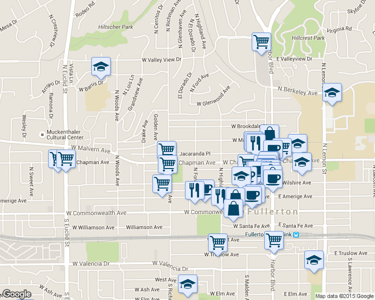 map of restaurants, bars, coffee shops, grocery stores, and more near 415 Jacaranda Place in Fullerton