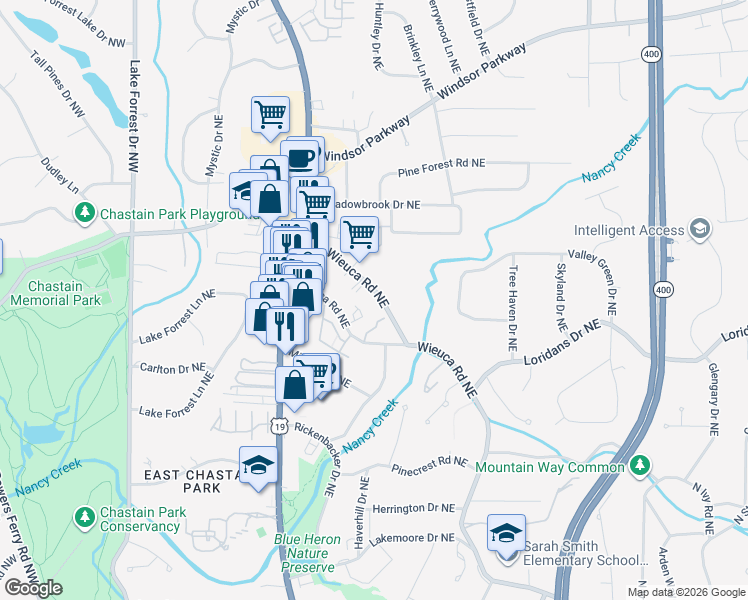map of restaurants, bars, coffee shops, grocery stores, and more near 340 West Wieuca Road Northeast in Atlanta