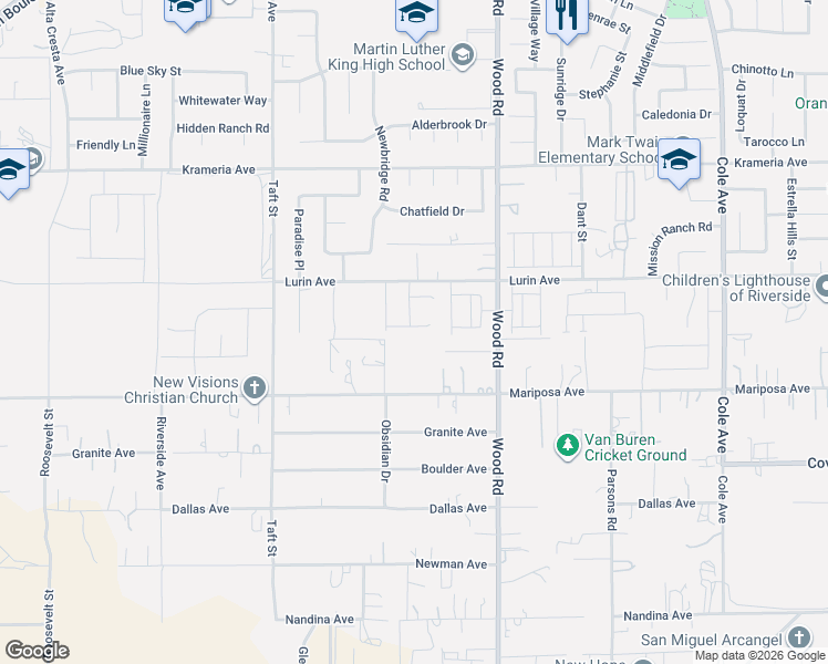 map of restaurants, bars, coffee shops, grocery stores, and more near 18811 Nanza Street in Riverside