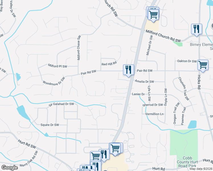 map of restaurants, bars, coffee shops, grocery stores, and more near 1951 Hidden Valley Drive Southwest in Marietta