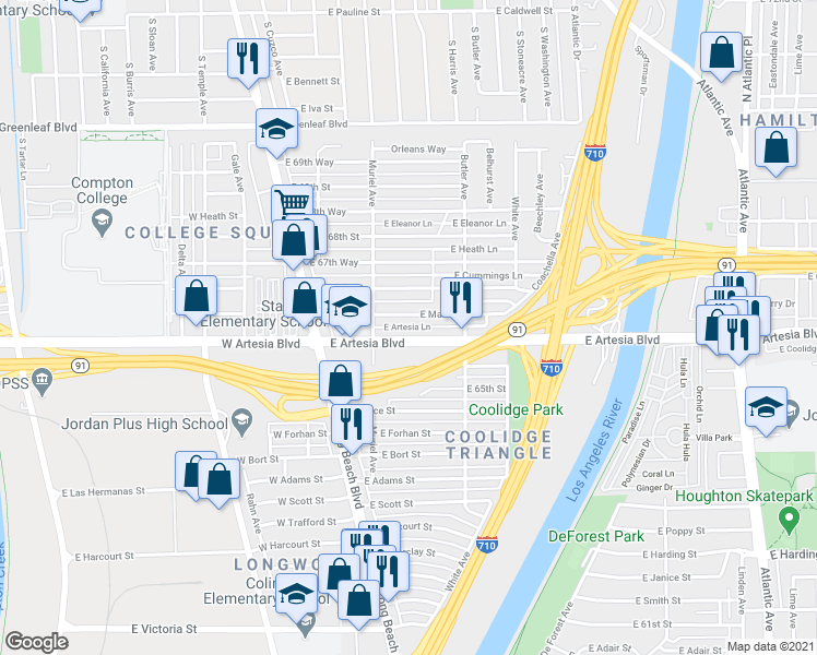 map of restaurants, bars, coffee shops, grocery stores, and more near 238 Artesia Ln in Long Beach
