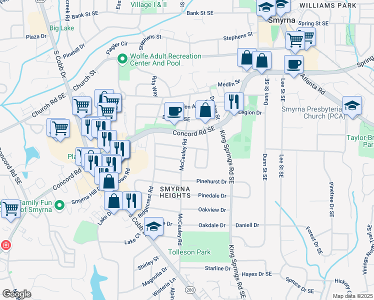map of restaurants, bars, coffee shops, grocery stores, and more near 3229 McCauley Road in Smyrna