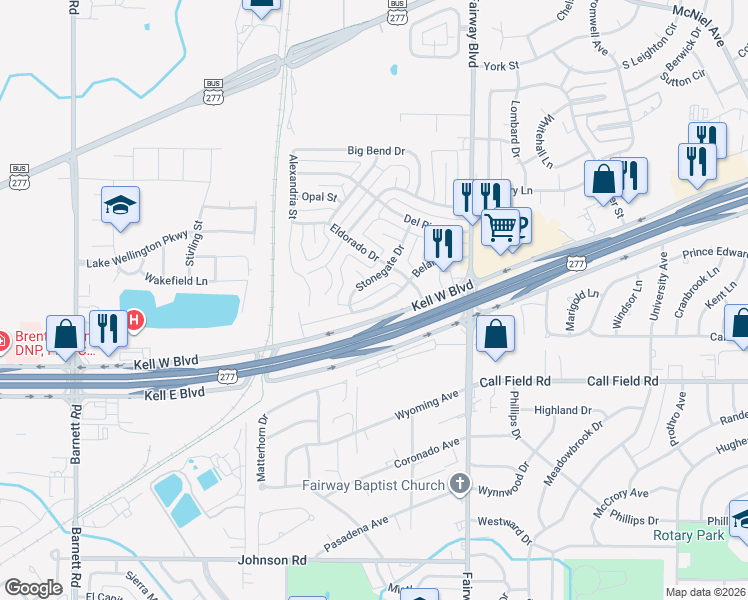 map of restaurants, bars, coffee shops, grocery stores, and more near 4812 Belair Boulevard in Wichita Falls