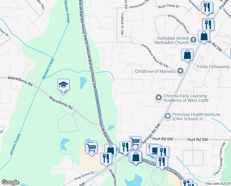 map of restaurants, bars, coffee shops, grocery stores, and more near 3108 Goldenrod Lane in Marietta