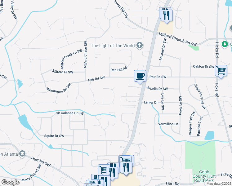 map of restaurants, bars, coffee shops, grocery stores, and more near 1951 Hidden Valley Drive Southwest in Marietta