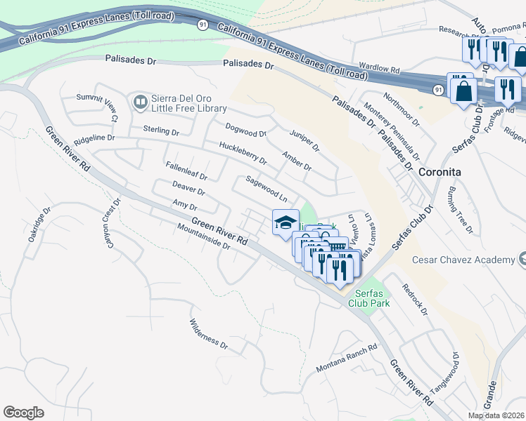map of restaurants, bars, coffee shops, grocery stores, and more near 3140 Timberline Drive in Corona