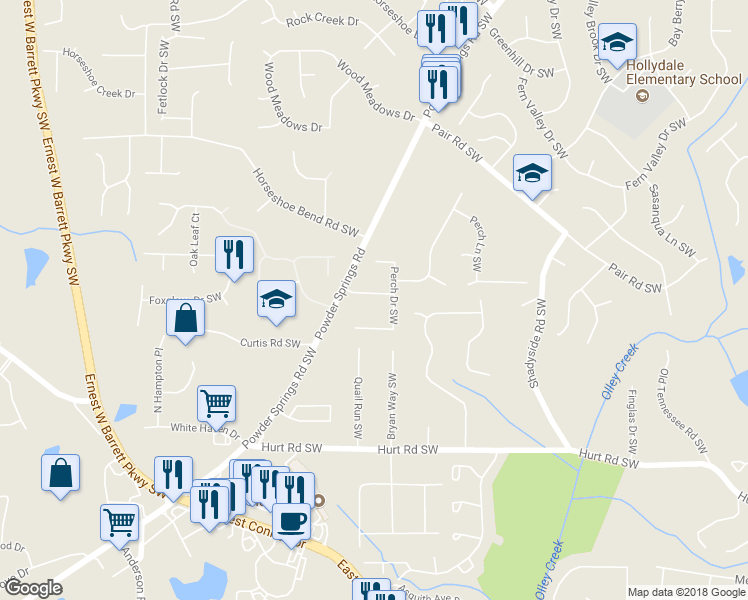 map of restaurants, bars, coffee shops, grocery stores, and more near 2351 Perch Court Southwest in Marietta