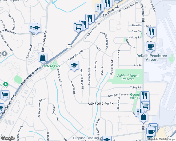 map of restaurants, bars, coffee shops, grocery stores, and more near 2954 Parkridge Drive Northeast in Atlanta