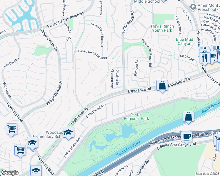 map of restaurants, bars, coffee shops, grocery stores, and more near 20750 Cottonwood Road in Yorba Linda