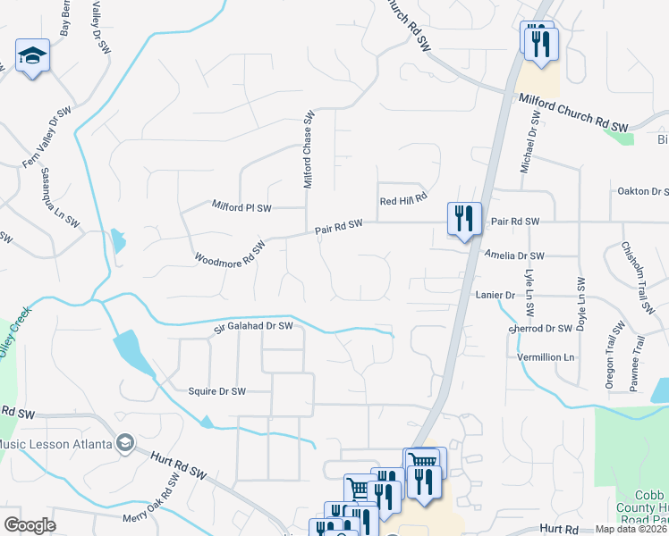 map of restaurants, bars, coffee shops, grocery stores, and more near 2000 Hidden Valley Drive Southwest in Marietta