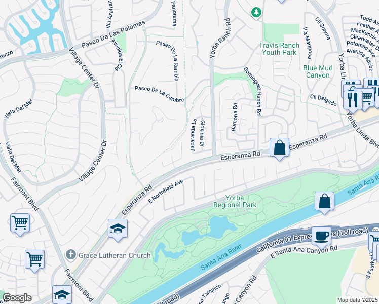 map of restaurants, bars, coffee shops, grocery stores, and more near 6191 Jacaranda Lane in Yorba Linda