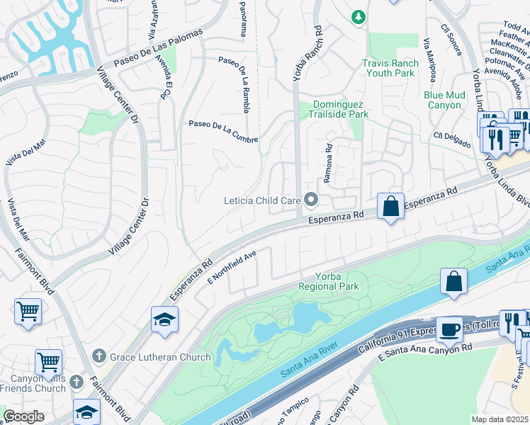 map of restaurants, bars, coffee shops, grocery stores, and more near 6191 Jacaranda Lane in Yorba Linda