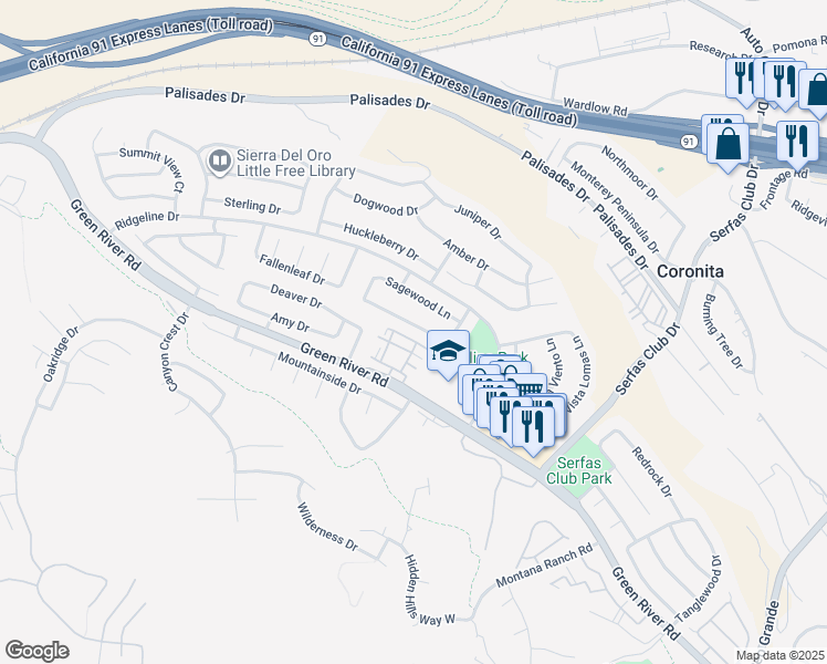 map of restaurants, bars, coffee shops, grocery stores, and more near 3140 Timberline Drive in Corona