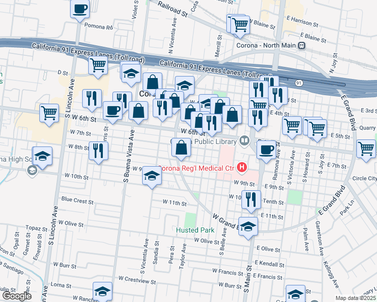 map of restaurants, bars, coffee shops, grocery stores, and more near 702 Crawford Street in Corona