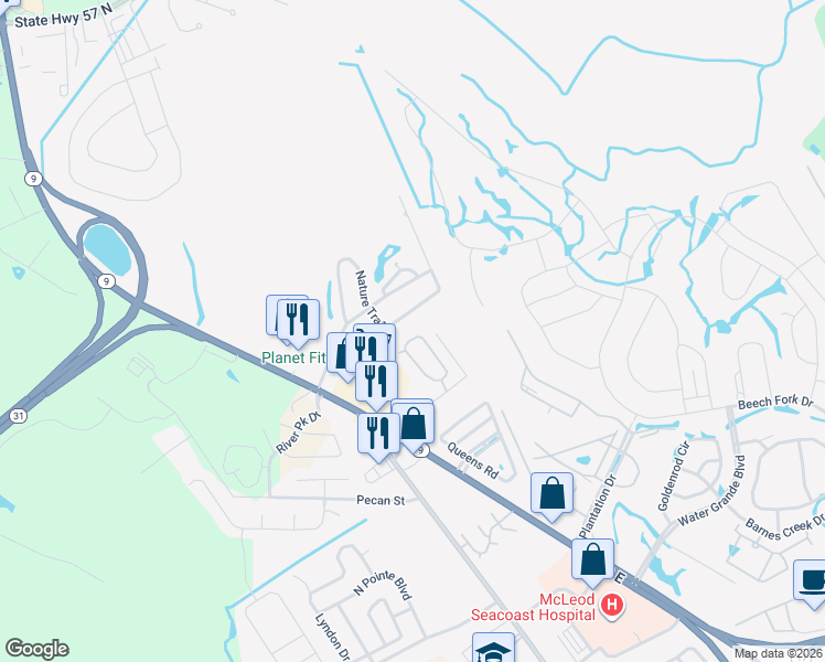 map of restaurants, bars, coffee shops, grocery stores, and more near 234 Captains Drive in Little River