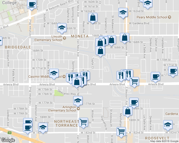 map of restaurants, bars, coffee shops, grocery stores, and more near 17116 Wilton Place in Torrance
