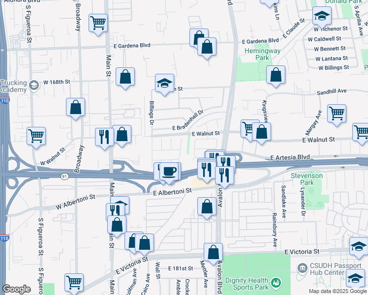 map of restaurants, bars, coffee shops, grocery stores, and more near 17302 Ambler Avenue in Carson