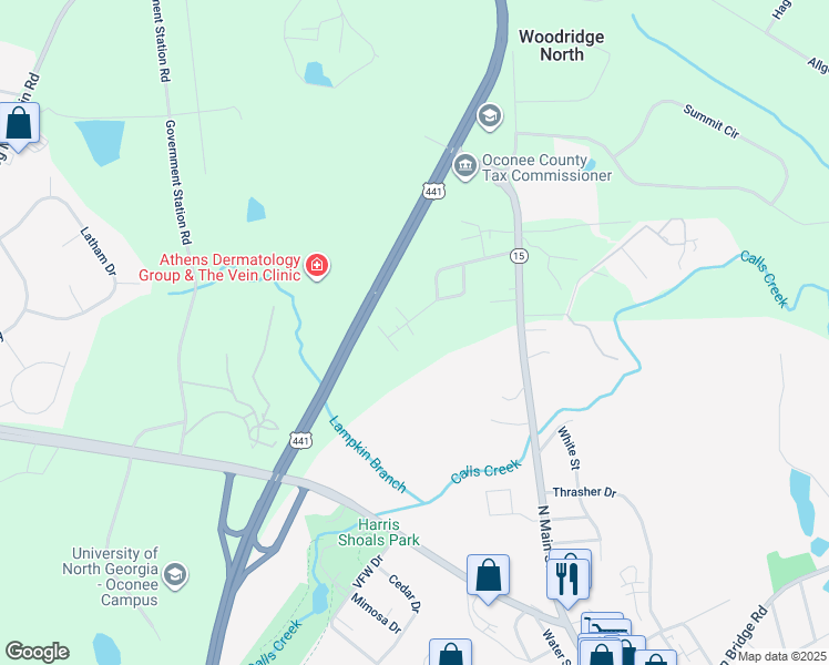 map of restaurants, bars, coffee shops, grocery stores, and more near 1111 Moreland Drive in Watkinsville