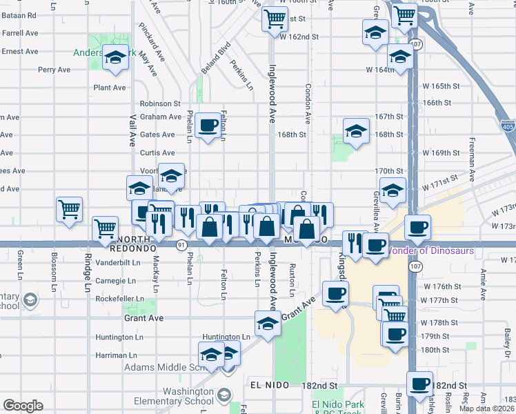 map of restaurants, bars, coffee shops, grocery stores, and more near Nelson Avenue & Perkins Lane in Redondo Beach