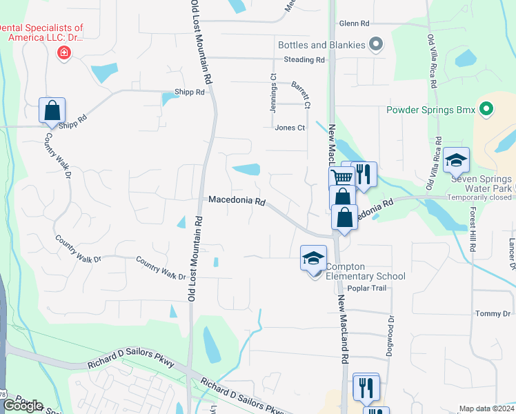 map of restaurants, bars, coffee shops, grocery stores, and more near 4349 Macedonia Road in Powder Springs