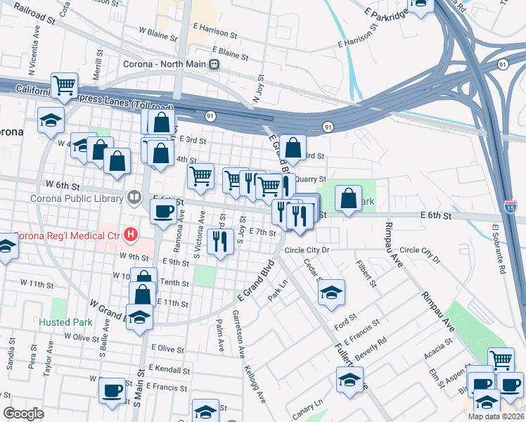 map of restaurants, bars, coffee shops, grocery stores, and more near 510 East 6th Street in Corona