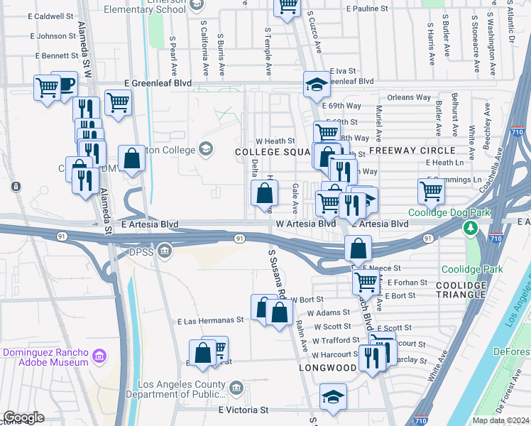 map of restaurants, bars, coffee shops, grocery stores, and more near 6619 Harbor Avenue in Long Beach