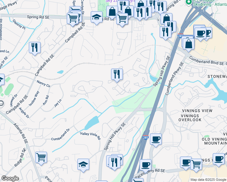 map of restaurants, bars, coffee shops, grocery stores, and more near 1907 Cumberland Court Southeast in Smyrna
