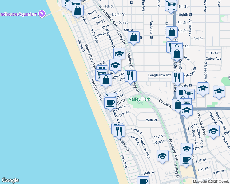 map of restaurants, bars, coffee shops, grocery stores, and more near 303 29th Street in Hermosa Beach