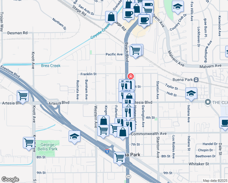 map of restaurants, bars, coffee shops, grocery stores, and more near 5922 Kingman Avenue in Buena Park