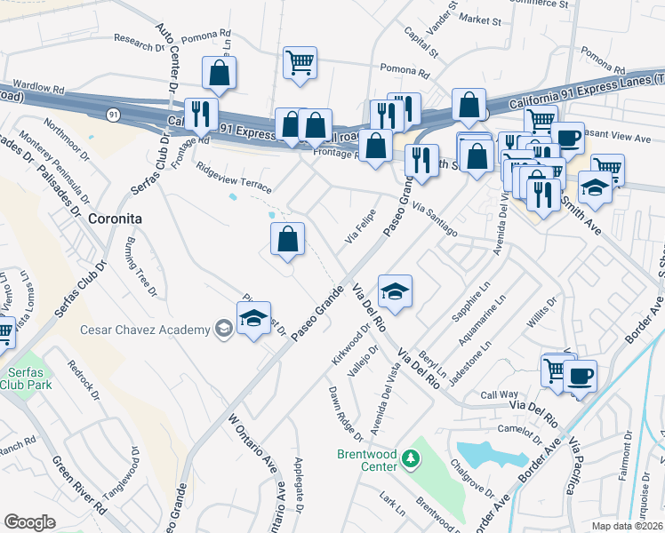map of restaurants, bars, coffee shops, grocery stores, and more near 1924 Via Del Rio in Corona