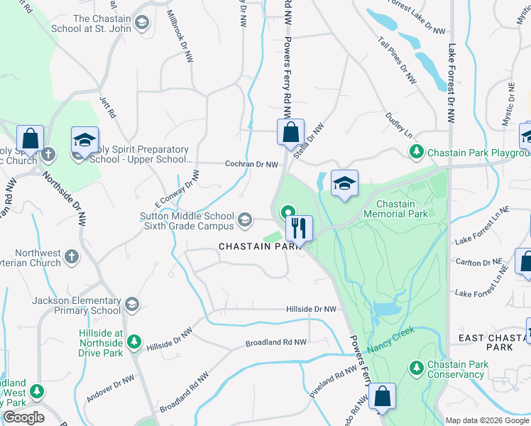 map of restaurants, bars, coffee shops, grocery stores, and more near 4384 Powers Ferry Road Northwest in Atlanta