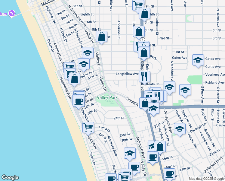 map of restaurants, bars, coffee shops, grocery stores, and more near 615 Gould Terrace in Hermosa Beach