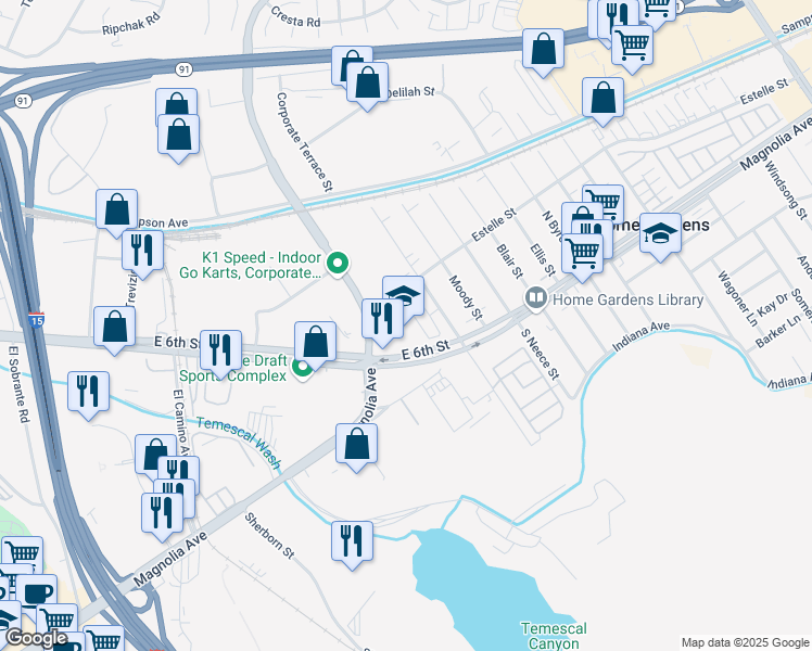 map of restaurants, bars, coffee shops, grocery stores, and more near 1655 1655 E 6th St - Building's Alley in Corona