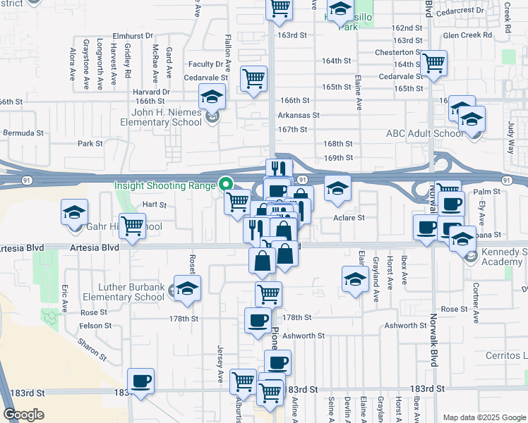 map of restaurants, bars, coffee shops, grocery stores, and more near 17127 Pioneer Boulevard in Artesia